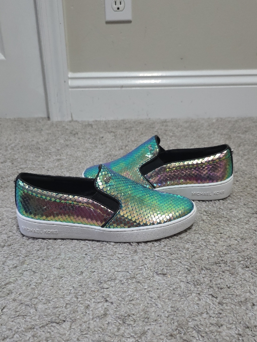 Michael Kors Keaton Leather Snake Embossed Metallic Iridescent Slip On Shoe 6.5
